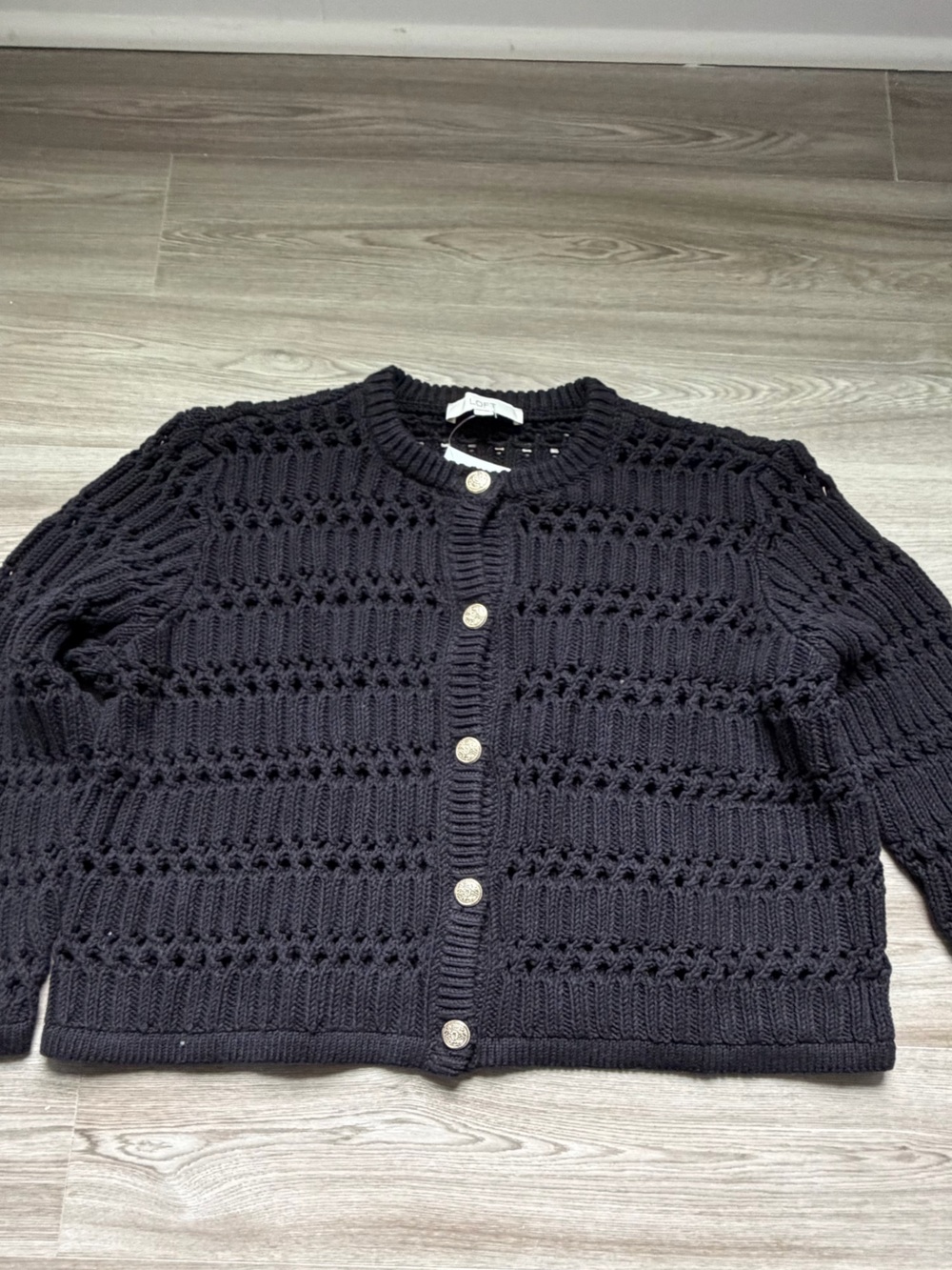 LOFT Black Open-Knit Button Cardigan